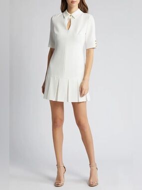 Black Halo Rami White Pleated-Hem Keyhole Mini Dress size 8 color Pearl NWT